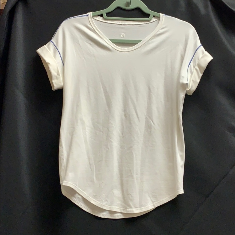 Lululemon white cotton t shirt w/ royal blue trim